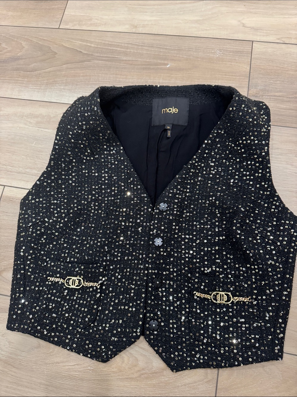 Maje Black Sequin Vest with Gold-Tone Details